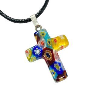 Vintage Murano Millefiori Art Glass Cross Pendant Necklace Multicolor Flowers C